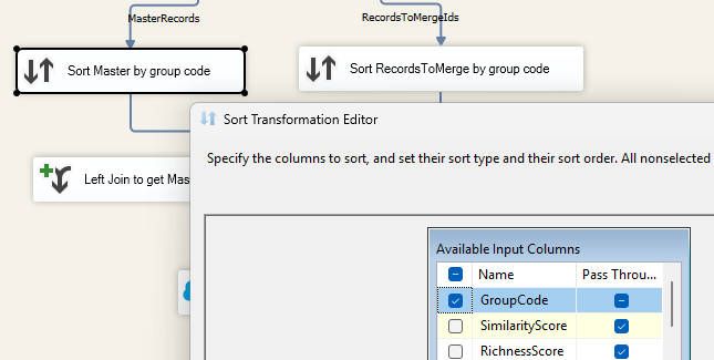 Sort component configuration